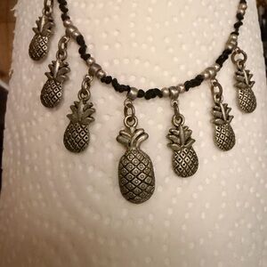 Pineapple Charm Necklace - Silver Pineapple Pendant on Black Cord
